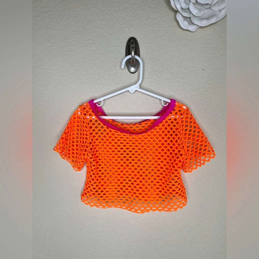 Girls Neon Orange Fishnet Dance Crop Top 80s Costume Mesh Cover Up Child M